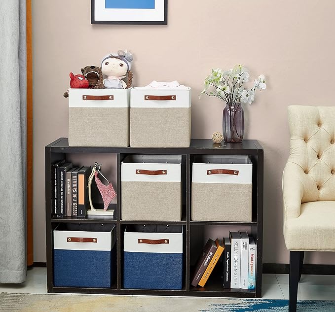 DECOMOMO Fabric Cube Storage Bins, Storage Baskets for Shelves 4 Pack | 11 inch Cube Storage Organizer for Kallax and Cubbies (Beige & White) - Image 5