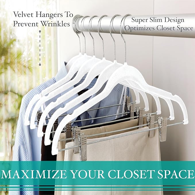 Simplify 24 Pack Velvet Hangers with Clips | Skirt and Pants | Slim Space Saving | Closet Organization | Non-Slip | Prevent Creases | Swivel Neck | Durable | White - Image 4