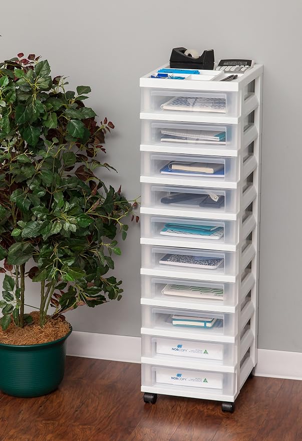 IRIS USA 10-Drawer Rolling Storage Cart, White/Clear | Keep classroom supplies, teacher essentials, craft materials, and learning tools organized with easy-access drawers. - Image 2