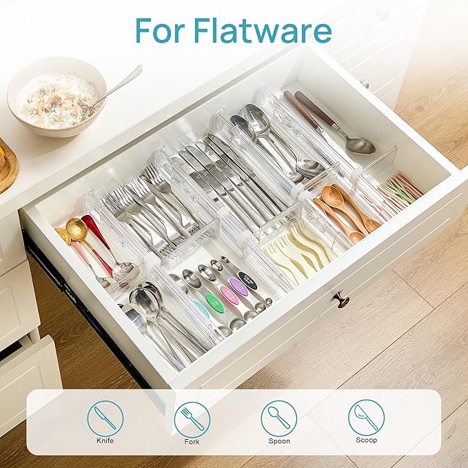 Vtopmart 2.36" Drawer Dividers with Expandable Inserts, 12.8"-22.3", 8 Pack | Adjustable Kitchen Drawer Organizer, Clear Organizer Separator for Flatware, Utensil, Cutlery, 8 Dividers with 14 Inserts - Image 5