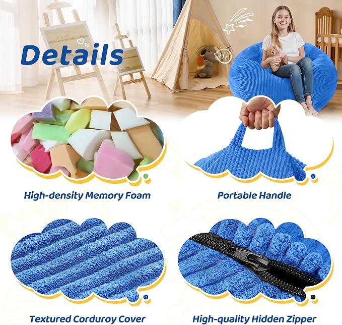 2FT Bean Bag Chair: 2' Small Bean Bags with Memory Foam Filled | Beanbag Chairs with Handle,Teardrop Bean Bag Sofa with Corduroy Machine Washable Cover for Living Room,Bedroom-Blue - Image 5