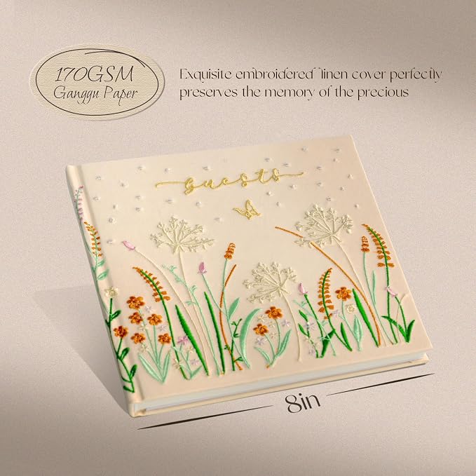 Embroidered Wedding Guest Book—The Perfect Polaroid Guest Book for Wedding Receptions, Birthdays, Baby Showers, and Special Events with 3 Photo corner stickers+ 3 DIY pens+1 Diamond Pen (Yellow) - Image 3