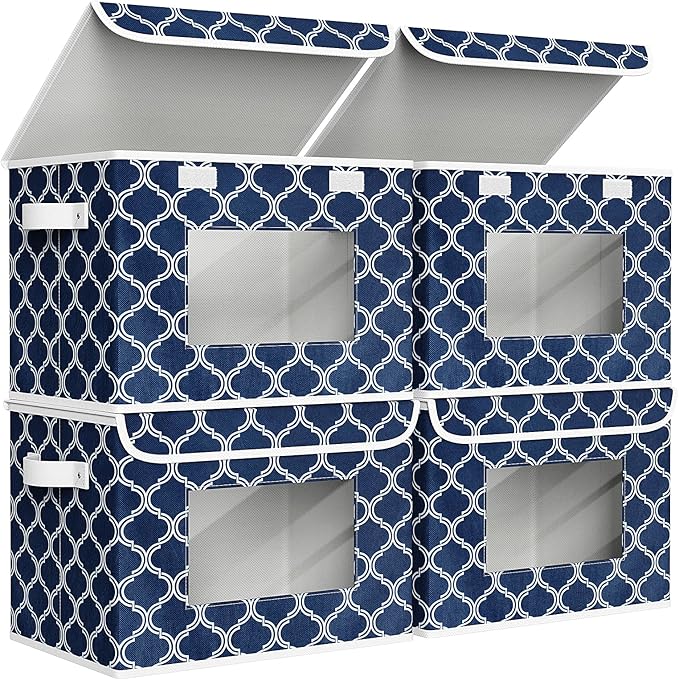 Univivi Fabric Foldable Storage Boxes with Lids, 4 Pack, Blue Lantern | 17 x 12 x 12 In Large Stackable Storage Bins with Lids, Closet Organizers and Storage Cube Basket for Home, Office, Bedroom by Univivi