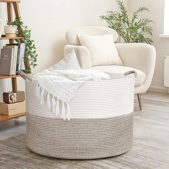 XXXXL 125L Extra Large Blanket Basket, 24.8" x 16" Jumbo Woven Basket (Includes 2 Cute Baskets), Cotton Rope Basket with Handle for Living Room, Baby Toys Nursery, Laundry, Home Decor (White/Brown) - Image 7