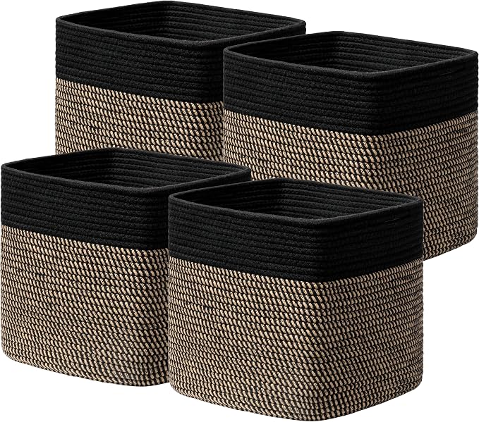 joybest 13inch Cube Storage Bins, Cotton Rope Woven Organizer Basket | Set of 4 Cube Bin Square Shelves Organizer Closet Storage, Nursery, Toy Organization, Black&Dark Brown by joybest