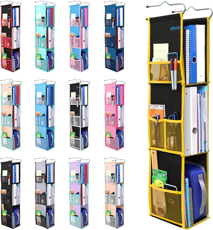 ABRA® 3 Shelf Hanging Locker Organizer for School, Gym, Work, Storage | Deep Shelves 6”x 9”| Eco-Friendly Fabric Healthy for Children | Adjustable School Locker Shelf 3 to 2 (Jet Black/Yellow) by ABRA
