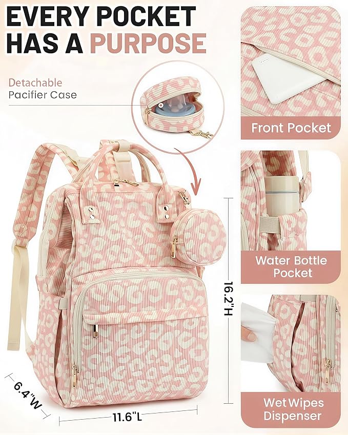 Corduroy Diaper Bag Backpack, Large Capacity Multifunction Baby Diaper Bags for Women, Insulated Bottle Pockets & Pacifier Case, Stylish Travel Nappy Changing Bags for Mom Dad (Leopard Pink) - Image 5