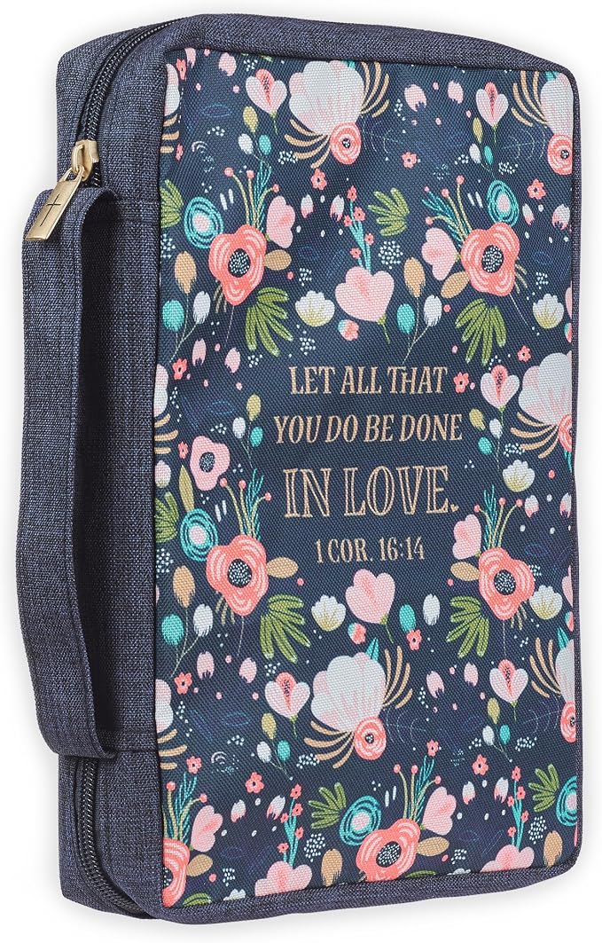 Christian Art Gifts Men/Women's Bible Cover All that You Do 1 Corinthians 16:14, Navy Floral Canvas, Large by ChristianArtGifts