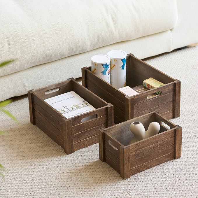 Large Vintage Brown Wooden Crates For Storage,Nesting Handmade Solid Wood Vintage Black Wood Storage Boxes.Storage Crates For Organizing. - Image 3