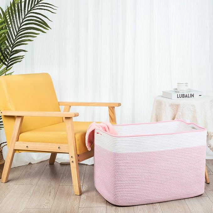 112L Extra Large Blanket Basket Holder Living Room, 25"x17"x16" Rectangle Rope Woven Storage Basket with Handles for Laundry, Towels, Shoes, Dog Toy Organizer Bin Box, Light Pink - Image 7