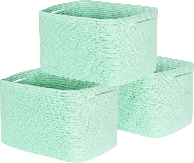 3-Pack Decorative Woven Storage Baskets for Shelves, Cube Bin Box for Organizing Books, Shoes, Dog Toys, Pantry Closet and Living Room Organizer, Mint by MINTWOODDesign