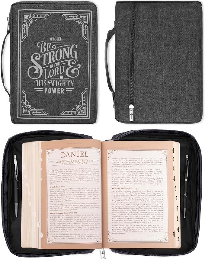 Christian Art Gifts Men/Women's Bible Cover Strong in The Lord Ephesians 6:10, Gray Canvas, Medium - Image 2
