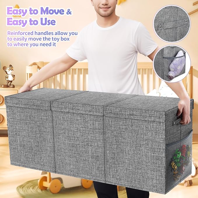 Extra Large Toy Box with Lids, Large Storage Chest Organizer, 40"x14"x16" | Collapsible Sturdy Kids Toy Chest Bins with Dividers for Boys Girls, Nursery Bedroom Playroom Organization, Gray - Image 5