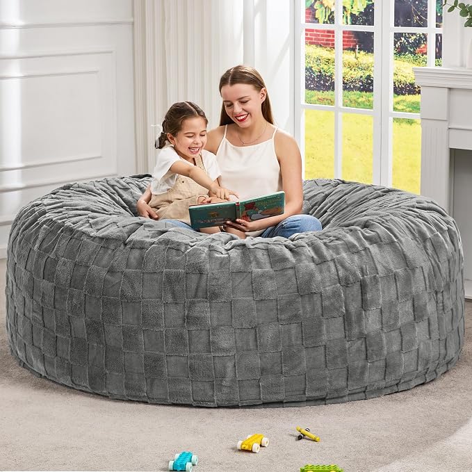 Hobestluk Giant Bean Bag Chairs 6FT Oversized BeanBag Chair for Adult Jumbo | Memory Foam,Washable Cover,Unique Fluffy Plaid,Comfy Bean Bag Bed with Filler Gaming Reading Bedroom Living Room | Grey 6FT by YourHomeDeservesMore