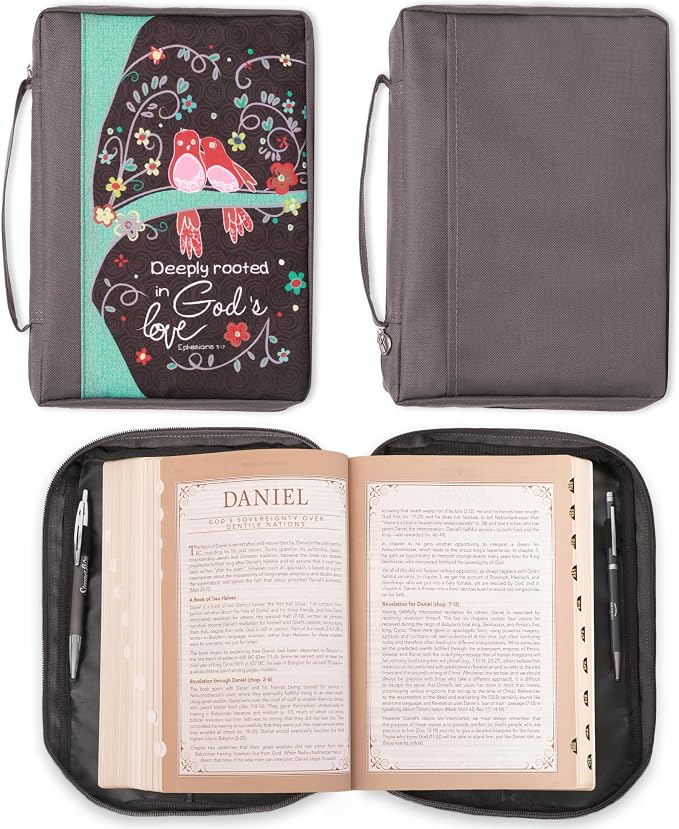 Christian Art Gifts Men & Women’s Bible Cover – Deeply Rooted in God’s Love, Gray Canvas, Large Size – Durable Zipper Case with Handle, Pen Loop, Interior & Exterior Pockets for Daily Use - Image 6