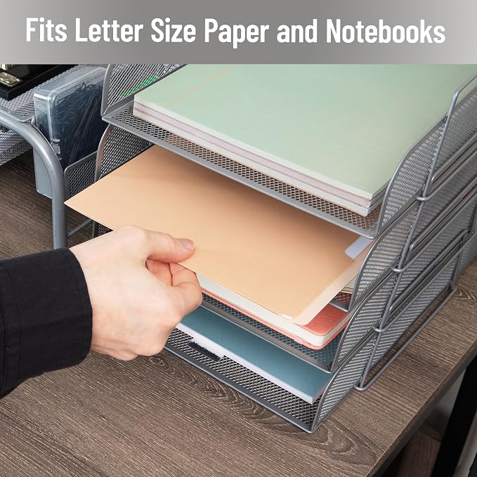 Mind Reader Stackable Paper Tray, Desktop Organizer, File Storage, Office, Metal Mesh, 10.5" L x 13.5" W x 11.25" H, 4 Pcs., Silver - Image 6