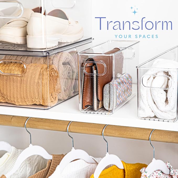 Plastic Food Storage 4 Pack Clear Container Bin with Handles for Organizing Kitchen, Pantry, Refrigerator, Freezer, Pantry, Cabinet, Closet, Bathroom. 10”x4”x6” - Image 5