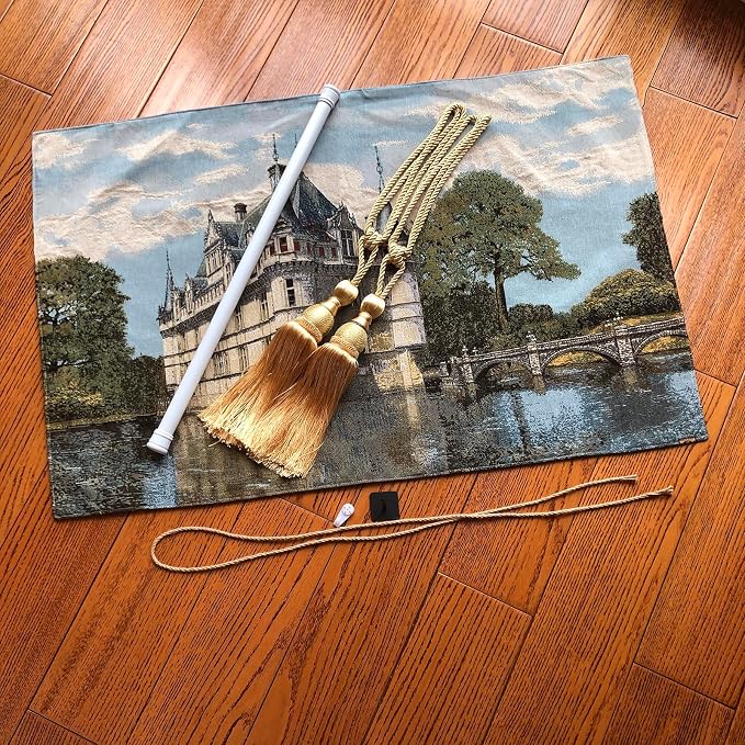 Vintage Nature Tapestry Wall Hanging Set with Telescopic Rod & Tassels - Jacquard Woven Fabric Aesthetic Country Landscape Wall Tapestry for Bedroom/Living Room Decor Green Art (42"x27") (Soft - toned, historic castle by the water) - Image 3