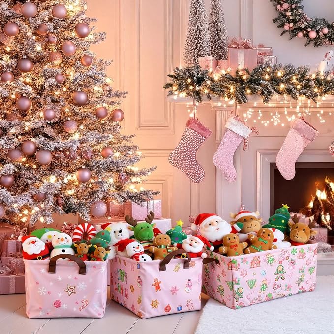 CHENGU 6 Pack Christmas Storage Basket Pink Collapsible Christmas Basket for Gifts Gingerbread Man Holiday Decor Large Gingerbread House Bin Foldable Xmas Tree Box with Handle for Bedroom Office Home - Image 2