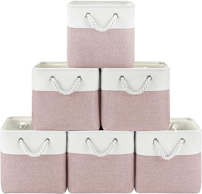 Patvingot 11-Inch Fabric Cube Storage Bins with Handles,6 Pack,Foldable | For cube shelves and closets,keeps grouped for everyday access,reinforced opening and fold-flat storage,white and pink by Patvingot