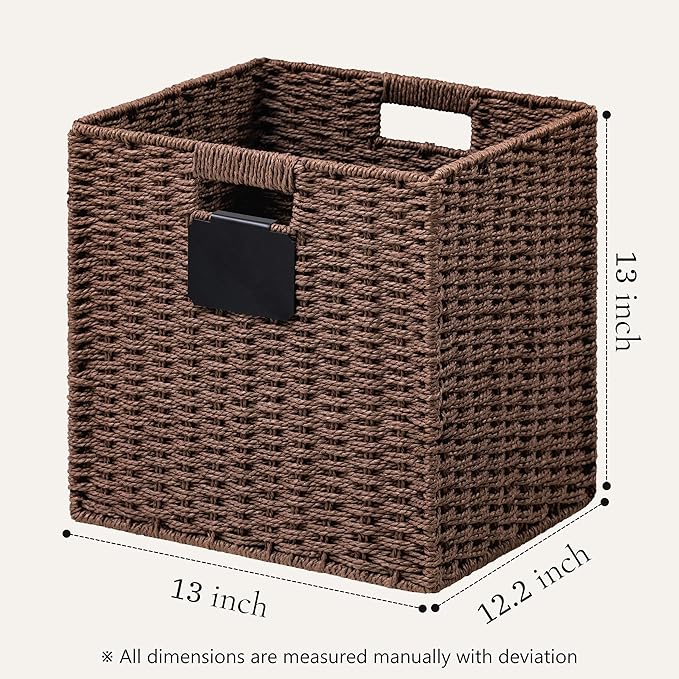 UBBCARE 4 Pack Wicker Basket, 13×13 Storage Cubes with Label, Foldable Cube Storage Bin with Handle, Square Storage Basket for Shelves, Woven Paper Rope Basket for Organizing, Brown - Image 2
