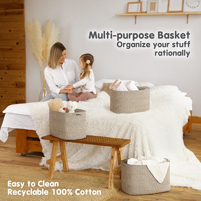 CHAT BLANC Cotton Rope Baskets for Organizing, Shelves, Toys, Storage, Shoe, Bathroom, Laundry, Towel, Nursery, Home Decor, Blanket, Cloth Woven Bins Fabric (Brown, 15"x10"x9") - Image 5