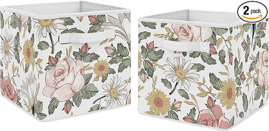 Sweet Jojo Designs Vintage Floral Boho Foldable Fabric Storage Cube Bins Boxes Organizer Toys Kids Baby Childrens - Set of 2 - Blush Pink, Yellow, Green and White Shabby Chic Rose Flower Farmhouse by SweetJojoDesigns