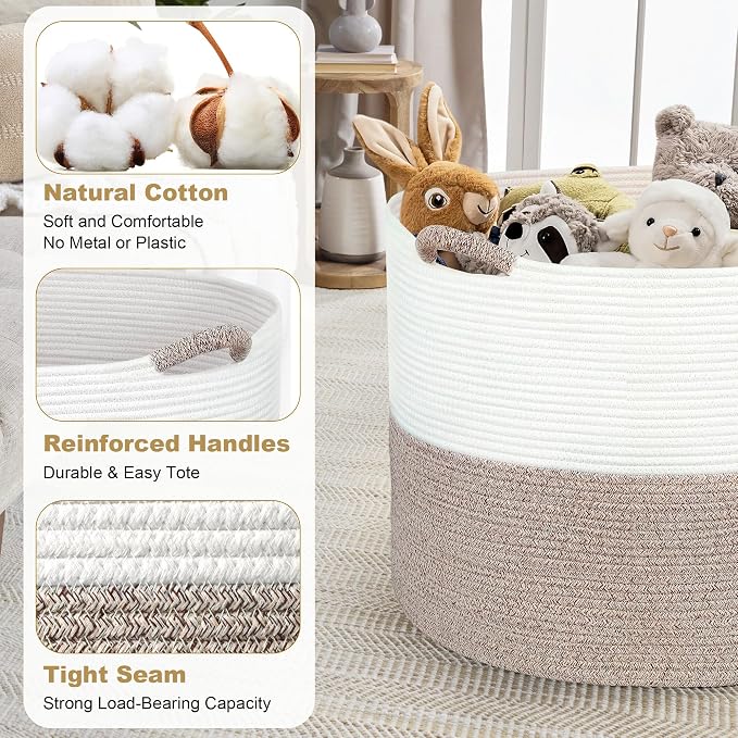 XXXXL 125L Extra Large Blanket Basket, 24.8" x 16" Jumbo Woven Basket (Includes 2 Cute Baskets), Cotton Rope Basket with Handle for Living Room, Baby Toys Nursery, Laundry (White/Light Grey) - Image 5