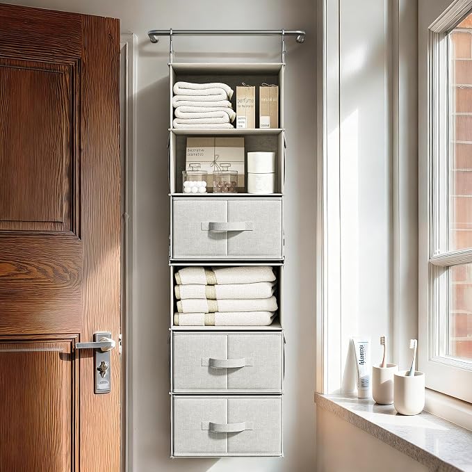 6-Shelf Hanging Closet Organizer with 3 Drawers, Separable, Silver Gray | Converts into Two 3-Shelf Organizers, Foldable Drawers, Side Pockets, Ideal for Wardrobe, Nursery, Dorm & Closet Storage - Image 8