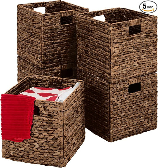Best Choice Products 10.5x10.5in Pack of 5 Cube Storage Baskets, Water Hyacinth Multipurpose Collapsible Organizers, Handwoven Laundry Totes for Laundry, Living Room, Kids Room & Nursery - Brown by Unknown