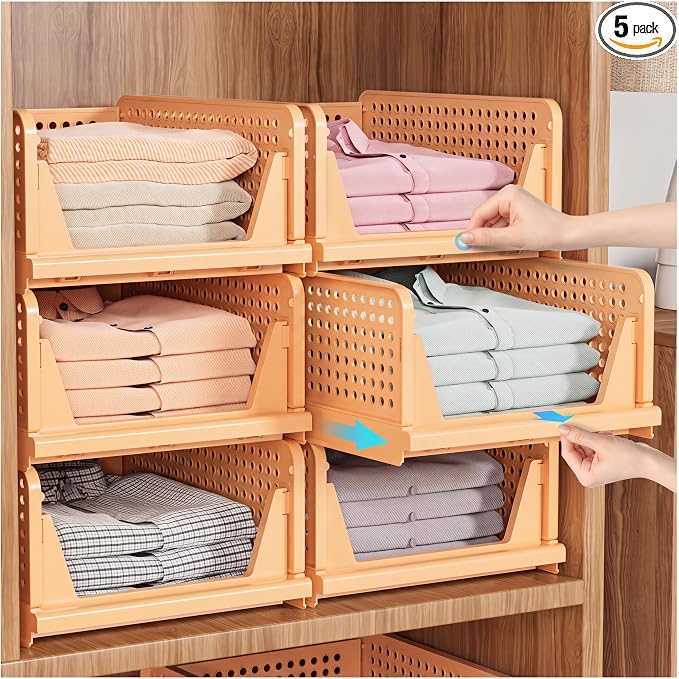SNSLXH 5 Pack Stackable Closet Organizer Box, Multifunctional & Foldable Closet Storage Basket for Bathroom Kitchen Laundry Room Wardrobe Storage, Space-Saving Clothes Storage Drawer Organizer, Yellow | Stackable & Foldable Closet Storage Bins for Bath... by SNSLXH