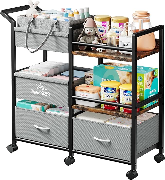 Twinkoo Baby Diaper Caddy Organizer, 3 Tier Rolling Cart | Tiered Modular Configuration, 66 lbs Capacity, Rolling Wheels, Dipaer Bag, Nursery Newborn Essentials, Easy To Assemble by Twinkoo