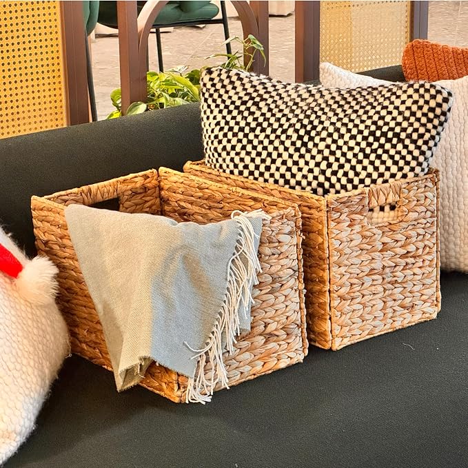 4 Decorative Hand-Woven Water Hyacinth Wicker Storage Basket, 16x11x11 Ideal for Shelving Units - Image 10