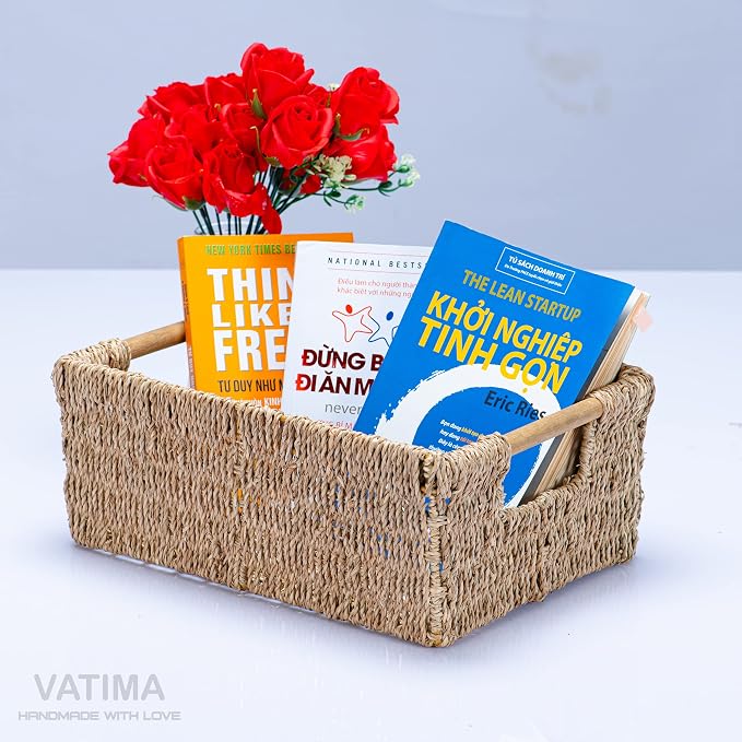 Natural Seagrass Storage Basket with Handle, Rectangular Woven Organizer Bin for Living Room or Shelf, Decorative Storage Basket, Medium Size 13.4 x 9.3 x 4.9 Inches - Image 8