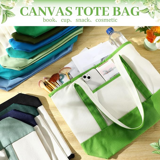 Sanwuta Canvas Tote Bags Bulk with Outer Pockets,Forest Color,12 Pack | Reusable Cotton Grocery Bags, Perfect for Teachers, Party Giveaways, DIY Crafts, Wedding Favors, Business Gifts - Image 5