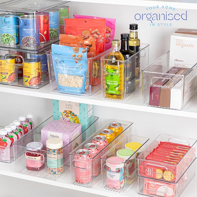 Plastic Food Storage 6 Pack Clear Container Bin with Handles for Organizing Kitchen, Pantry, Refrigerator, Freezer, Pantry, Cabinet, Closet, Bathroom. 14”x8”x5” - Image 7