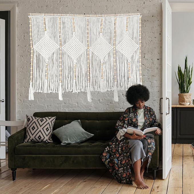kiido Large Macrame Wall Hanging 47"×33" Boho Tapestry Woven Wall Decor- Cotton Tassel Macrame Curtain Beige Chic Bohemian Wall Art for Home Living Room Bedroom Dorm Wedding (Includes Hanging Rod) - Image 2