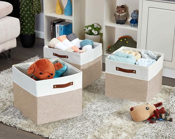 DECOMOMO Kallax Storage Cubes, Storage Baskets for Shelves 3-Pack | 13 x 15 x 13 Storage Bins, Baskets for Organizing Shelves (Beige & White) - Image 4