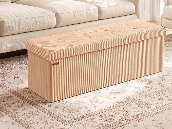 SONGMICS MAZIE Collection - Storage Ottoman Bench, Foldable Foot Rest, 15 x 43 x 15 Inches, End of Bed Bench, Storage Chest, Load 660 lb, Living Room, Bedroom, Entryway, Apricot ULSF604O01 by Unknown
