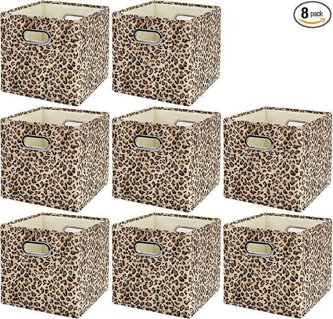 ANMINY Leopard Cheetah Print Storage Cubes Bins, Velvet, Brown, 13Inch 8PCS | Collapsible & Washable, PP Board Frame, Built-in Metal Handles, Animal Themed Fabric Cubes Baskets for Closet Shelves Decor by ANMINY