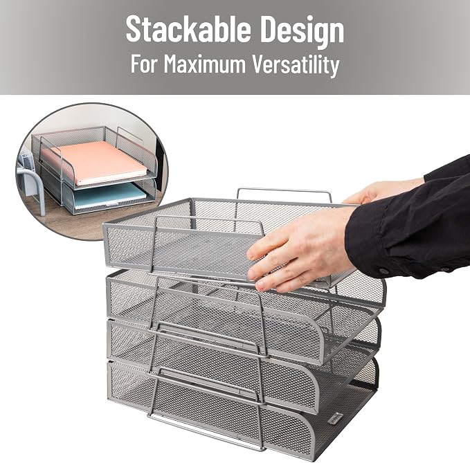 Mind Reader Stackable Paper Tray, Desktop Organizer, File Storage, Office, Metal Mesh, 10.5" L x 13.5" W x 11.25" H, 4 Pcs., Silver - Image 4