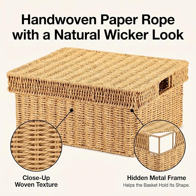 Wicker Storage Basket with Lid for Shelves, 3-Basket Set, Natural | One rectangular wicker basket with lid and two open baskets for decorative shelf storage; removable lid flips into a tray. - Image 2