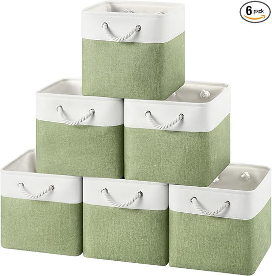 12x12 Inch Fabric Cube Storage Bins with Cotton Rope Handle 6-Pack | Top Support of Metal Frame, Bottom with Cardboard Support, Foldable Storage Bins for Closet, Bedroom, White Green by HUZNXVY