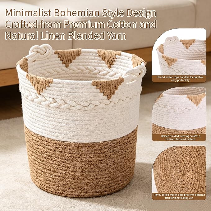 Boho Cotton Rope Woven Storage Basket, Large Decorative Laundry Hamper with Handles- Pack of 3 for Organizing Toy Woven Cotton Rope Laundry Basket Stuffed Animal Toy Storage for Play Room Bedroom - Image 4