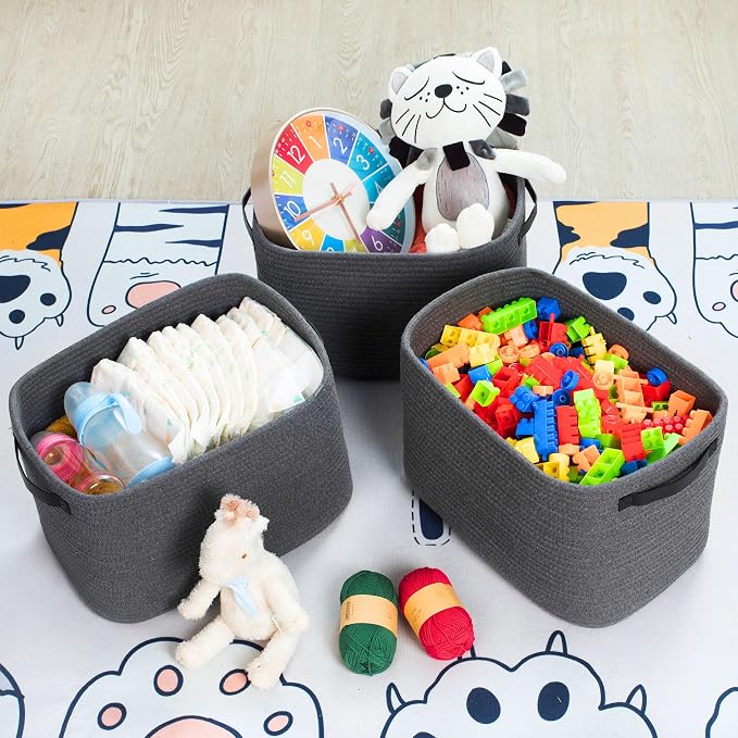 3-Pack Decorative Woven Storage Baskets for Shelves, Cube Bin Box for Organizing Books, Shoes, Dog Toys, Pantry Closet and Living Room Organizer, Charcoal / Black - Image 5