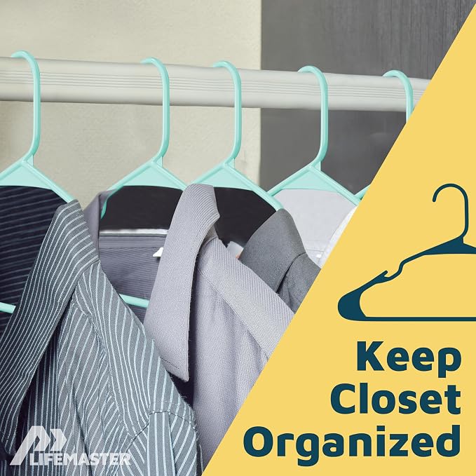 Lifemaster Plastic Clothes Hangers – Heavy Duty Hanger Set, for Organizing Clothes, Dresses, and Coat, Holds Up to 5 lbs, Space-Saving Hangers with Non-Slip Shoulder Grooves, Pack of 100, Aqua - Image 5