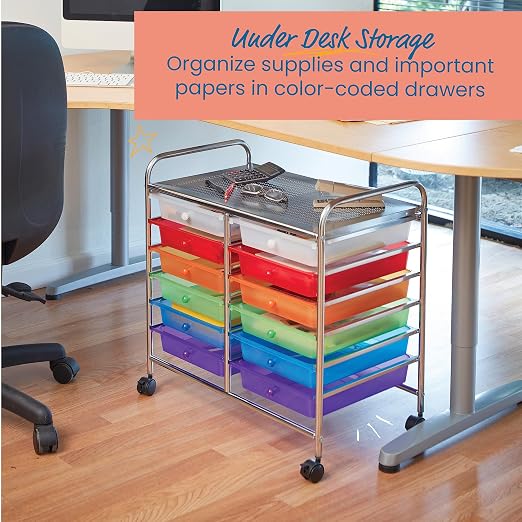 ECR4Kids 12-Drawer Value Mobile Storage Utility Cart, Assorted | Durable plastic bins, steel frame, GREENGUARD Gold Certified, 50 lb capacity, rolling casters, craft supplies, office, home - Image 4