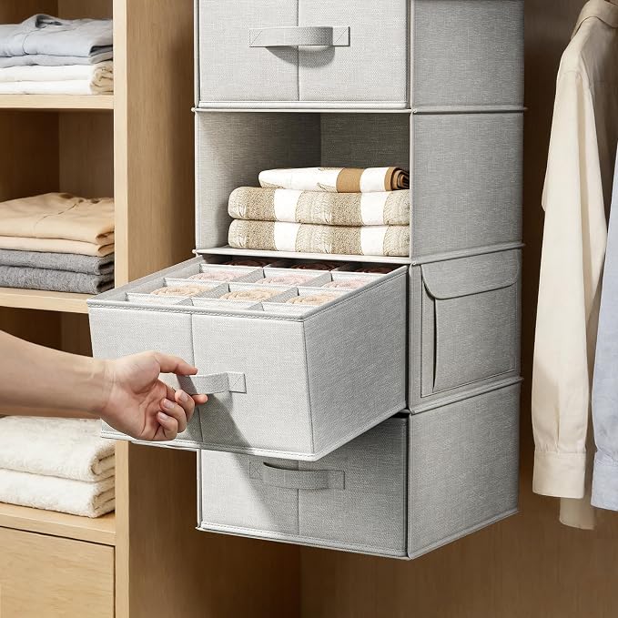 6-Shelf Hanging Closet Organizer with 3 Fabric Drawers, Silver Gray | Removable Fabric Drawers, Side Pockets, Reinforced Structure, Space-Saving Storage for Clothes, Nursery and Dorm Rooms - Image 6