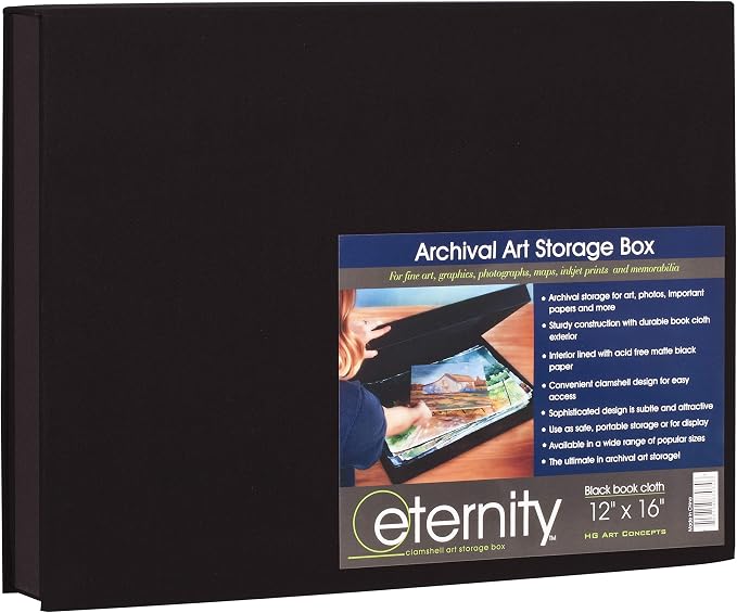 HG Art Concepts Eternity Archival Clamshell Photo Storage Box, Black - 12"x16" - For Storing Artwork, Photos & Documents Deluxe Acid-Free Sturdy & Lined With Archive-Quality Paper by HGArtConcepts