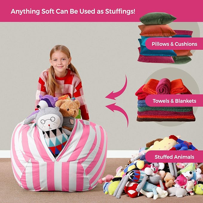 Aubliss Stuffed Animal Bean Bag Storage Chair, Beanbag Covers Only | for Organizing Plush Toys, Turns into Bean Bag Seat for Kids When Filled, Medium 32"-Canvas Stripes Pink/White - Image 6